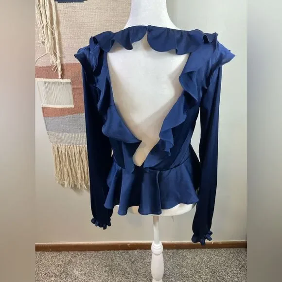 For Love and Lemons 🍋 Blue Satin Better Open Back Ruffle Blouse Size S - Picture 9 of 11